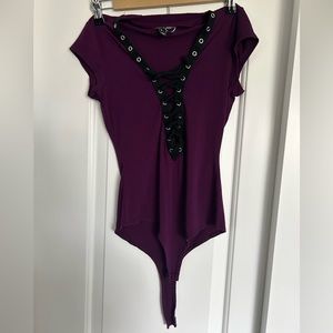 Iris - Lace Up High Collar Bodysuit - Size S - Purple